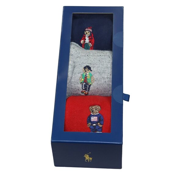 Ralph Lauren 3-Pack Polo Bear Gift Box Embroidered Tri-Color Mens Socks OSFM NIB - Picture 1 of 2